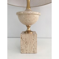 Lampe de Table Balustre en Travertin et Métal Doré par Philippe Barbier, Travail Français, Vers 1970