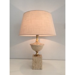 Lampe de Table Balustre en Travertin et Métal Doré par Philippe Barbier, Travail Français, Vers 1970