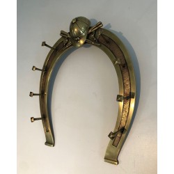Equestrian Brass Wall Holder with Horseshoe Motif and Riding Accessories, French Work, Circa 1930