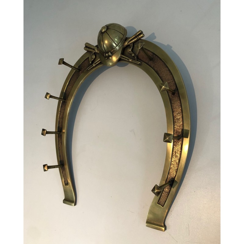 Equestrian Brass Wall Holder with Horseshoe Motif and Riding Accessories, French Work, Circa 1930
