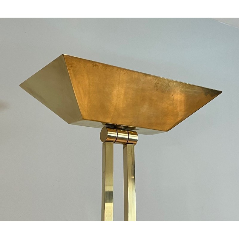 Lampadaire Laiton à Réflecteur Orientable, Socle Travertin, Travail Français, vers 1970 | Maison BARROIS