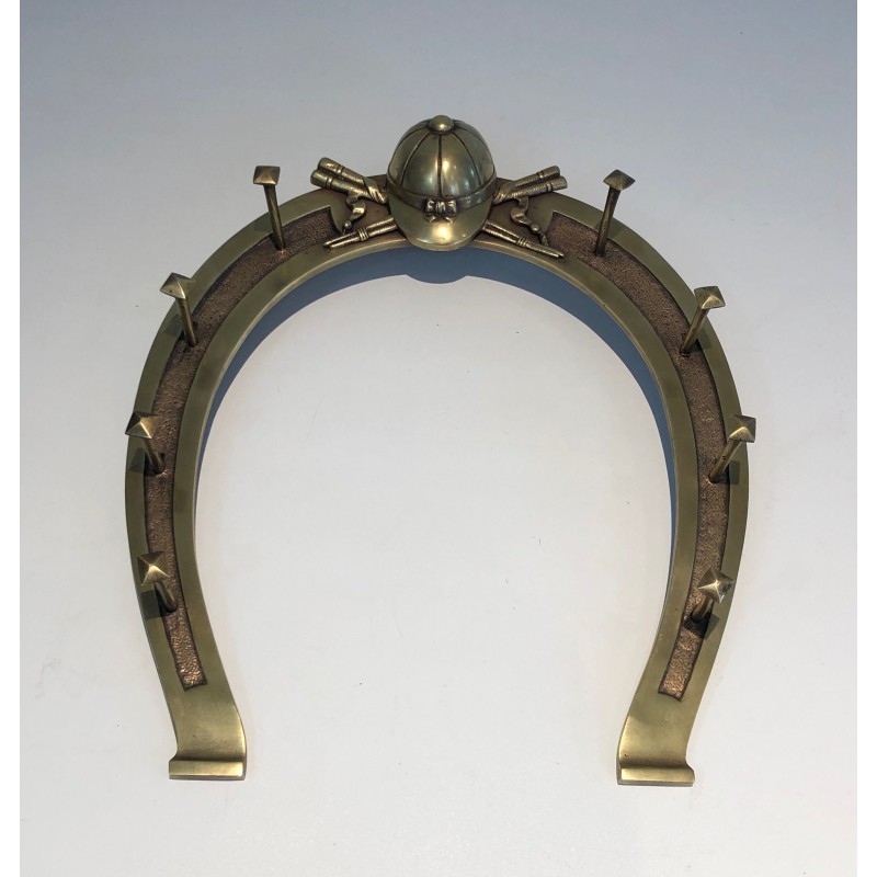 Equestrian Brass Wall Holder with Horseshoe Motif and Riding Accessories, French Work, Circa 1930