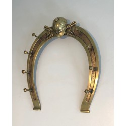 Equestrian Brass Wall Holder with Horseshoe Motif and Riding Accessories, French Work, Circa 1930