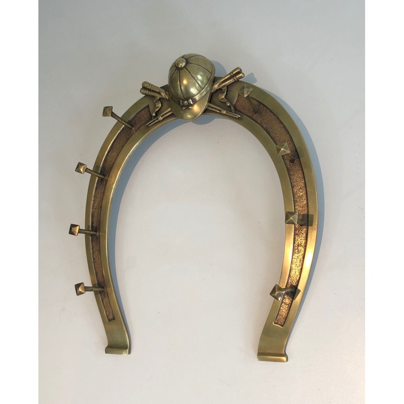 Equestrian Brass Wall Holder with Horseshoe Motif and Riding Accessories, French Work, Circa 1930