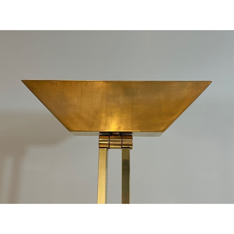 Lampadaire Laiton à Réflecteur Orientable, Socle Travertin, Travail Français, vers 1970 | Maison BARROIS