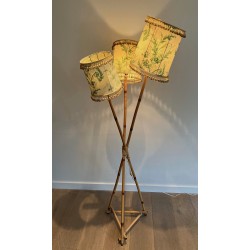 Three-Light Bamboo and Rope Floor Lamp in the Style of Audoux-Minet, French Work, Circa 1970