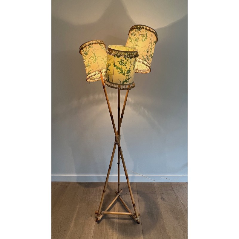 Lampadaire Trois Lumières en Bambou et Corde dans le Goût d'Audoux-Minet, Travail Français, Vers 1970