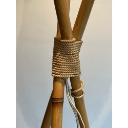 Three-Light Bamboo and Rope Floor Lamp in the Style of Audoux-Minet, French Work, Circa 1970