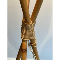 Three-Light Bamboo and Rope Floor Lamp in the Style of Audoux-Minet, French Work, Circa 1970