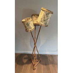 Three-Light Bamboo and Rope Floor Lamp in the Style of Audoux-Minet, French Work, Circa 1970