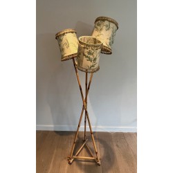 Three-Light Bamboo and Rope Floor Lamp in the Style of Audoux-Minet, French Work, Circa 1970