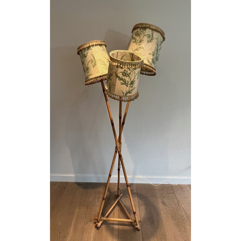 Three-Light Bamboo and Rope Floor Lamp in the Style of Audoux-Minet, French Work, Circa 1970