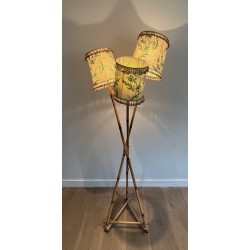 Three-Light Bamboo and Rope Floor Lamp in the Style of Audoux-Minet, French Work, Circa 1970