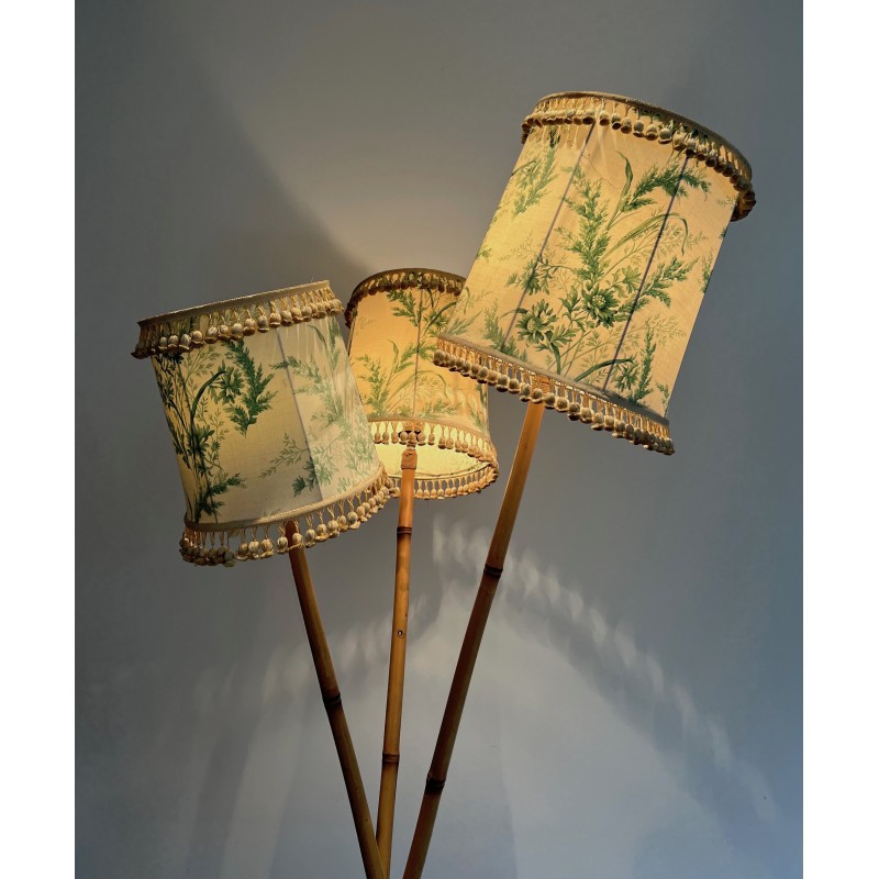 Three-Light Bamboo and Rope Floor Lamp in the Style of Audoux-Minet, French Work, Circa 1970