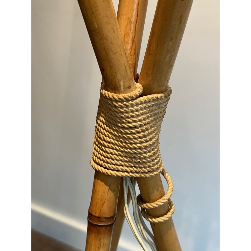 Three-Light Bamboo and Rope Floor Lamp in the Style of Audoux-Minet, French Work, Circa 1970