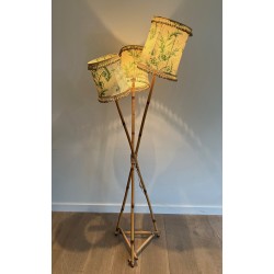 Lampadaire Trois Lumières en Bambou et Corde dans le Goût d'Audoux-Minet, Travail Français, Vers 1970