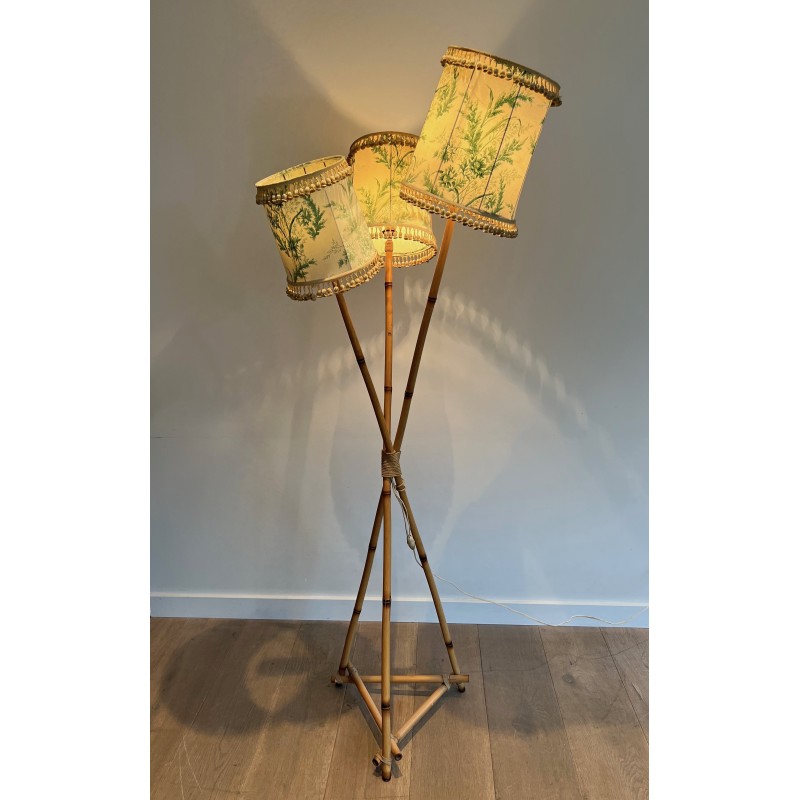 Three-Light Bamboo and Rope Floor Lamp in the Style of Audoux-Minet, French Work, Circa 1970