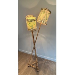 Three-Light Bamboo and Rope Floor Lamp in the Style of Audoux-Minet, French Work, Circa 1970