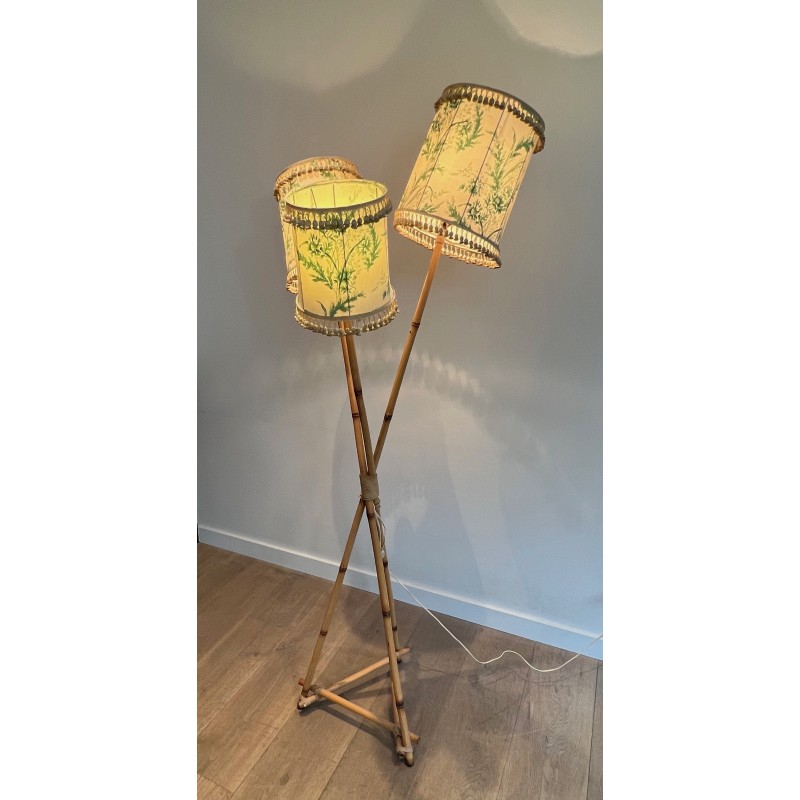 Three-Light Bamboo and Rope Floor Lamp in the Style of Audoux-Minet, French Work, Circa 1970