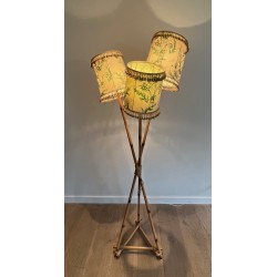 Three-Light Bamboo and Rope Floor Lamp in the Style of Audoux-Minet, French Work, Circa 1970