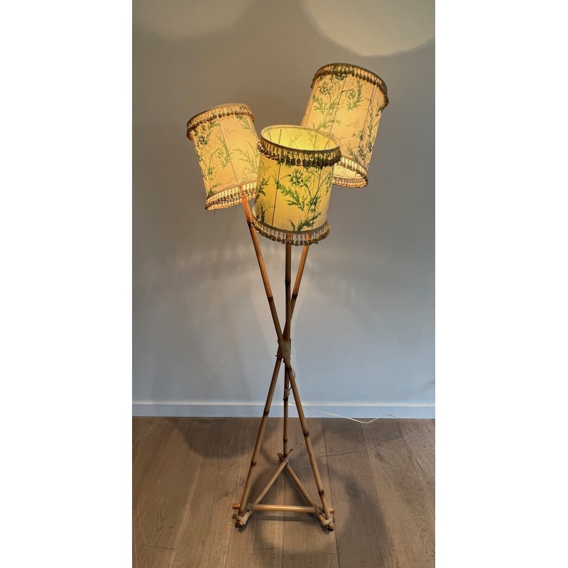 Three-Light Bamboo and Rope Floor Lamp in the Style of Audoux-Minet, French Work, Circa 1970