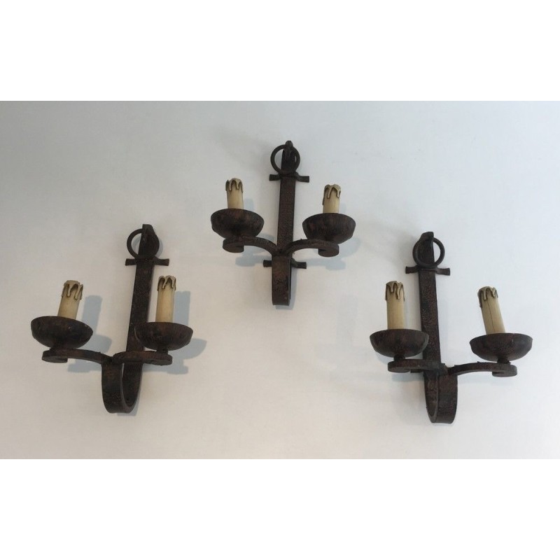 Suite of Three Wrought Iron Wall Lights, French Work, Circa 1950