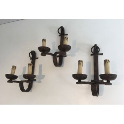 Suite of Three Wrought Iron Wall Lights, French Work, Circa 1950