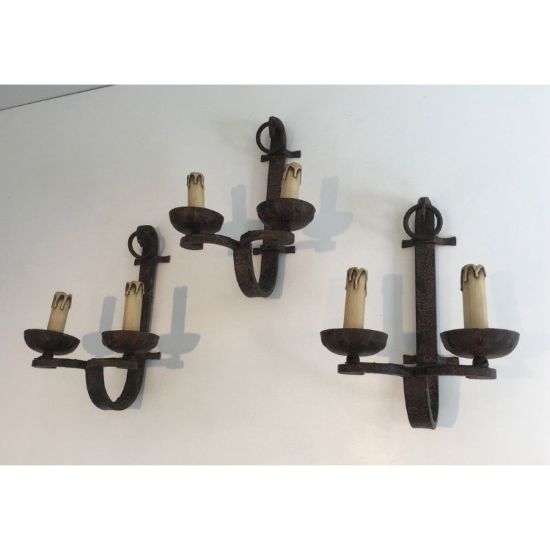 Suite of Three Wrought Iron Wall Lights, French Work, Circa 1950