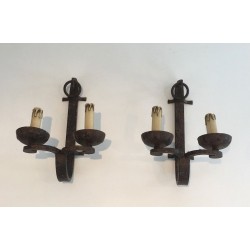 Suite of Three Wrought Iron Wall Lights, French Work, Circa 1950