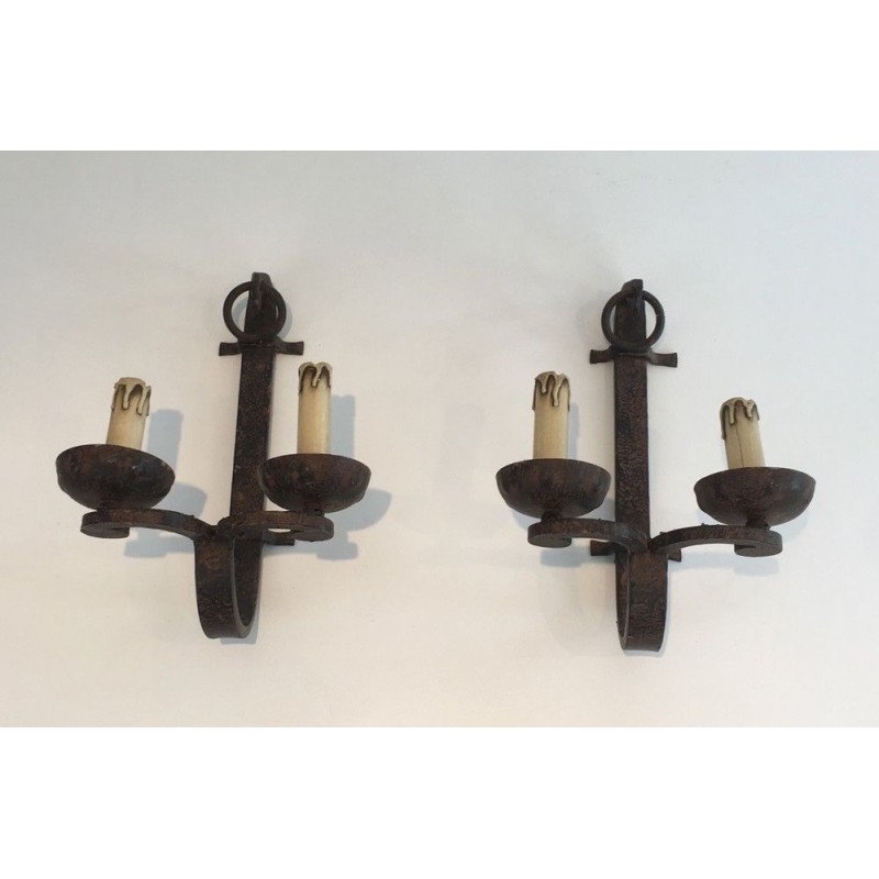Suite of Three Wrought Iron Wall Lights, French Work, Circa 1950