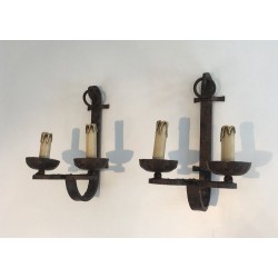 Suite of Three Wrought Iron Wall Lights, French Work, Circa 1950