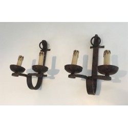 Suite of Three Wrought Iron Wall Lights, French Work, Circa 1950