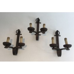 Suite of Three Wrought Iron Wall Lights, French Work, Circa 1950