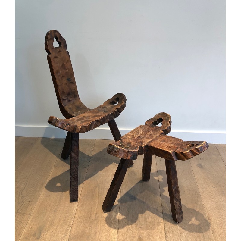 Brutalist Tripod Low Chair with Ottoman, French Work, Circa 1950