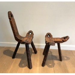 Chaise Basse Tripode Brutaliste et son Repose-Pieds, Travail Français, Vers 1950