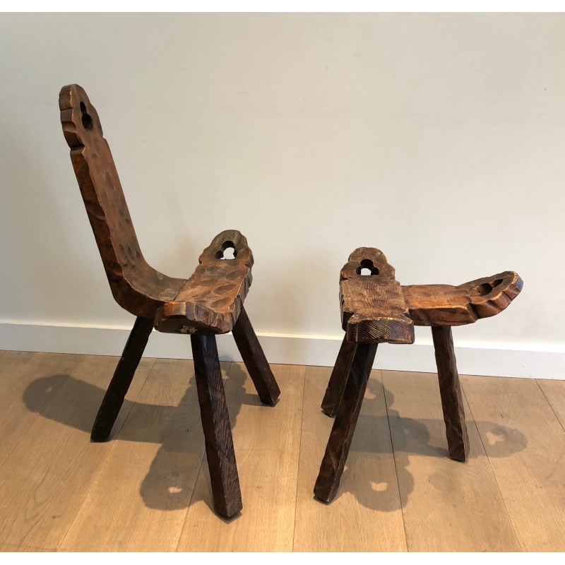 Chaise Basse Tripode Brutaliste et son Repose-Pieds, Travail Français, Vers 1950