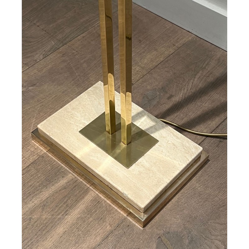 Lampadaire Laiton à Réflecteur Orientable, Socle Travertin, Travail Français, vers 1970 | Maison BARROIS