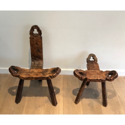 Brutalist Tripod Low Chair with Ottoman, French Work, Circa 1950