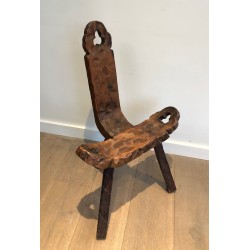 Chaise Basse Tripode Brutaliste et son Repose-Pieds, Travail Français, Vers 1950