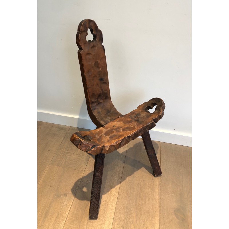 Chaise Basse Tripode Brutaliste et son Repose-Pieds, Travail Français, Vers 1950