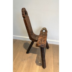 Chaise Basse Tripode Brutaliste et son Repose-Pieds, Travail Français, Vers 1950