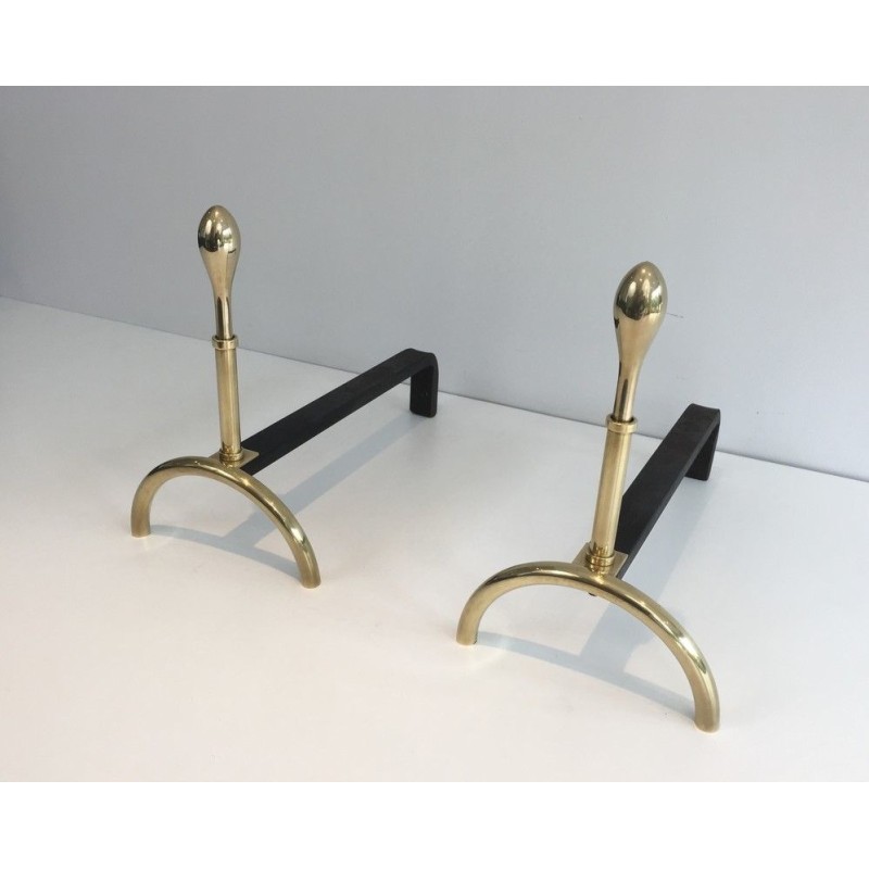 Pair of Neoclassical Brass and Wrought Iron Andirons, French Work, Circa 1970