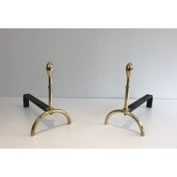 Pair of Neoclassical Brass and Wrought Iron Andirons, French Work, Circa 1970