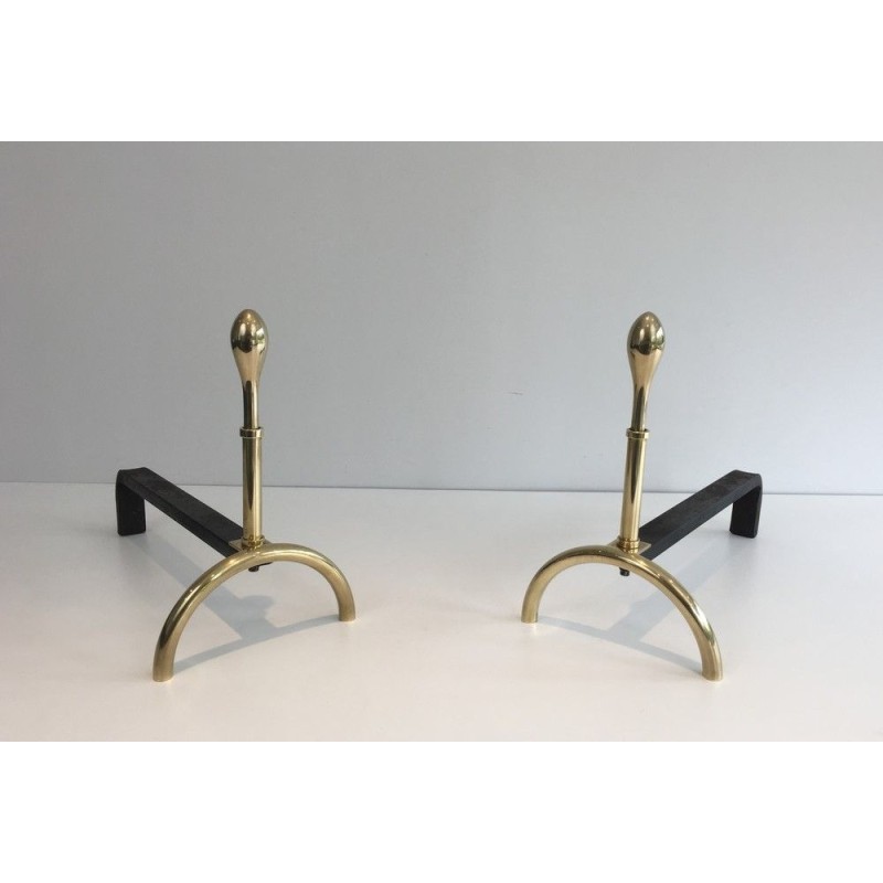 Pair of Neoclassical Brass and Wrought Iron Andirons, French Work, Circa 1970