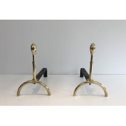 Pair of Neoclassical Brass and Wrought Iron Andirons, French Work, Circa 1970