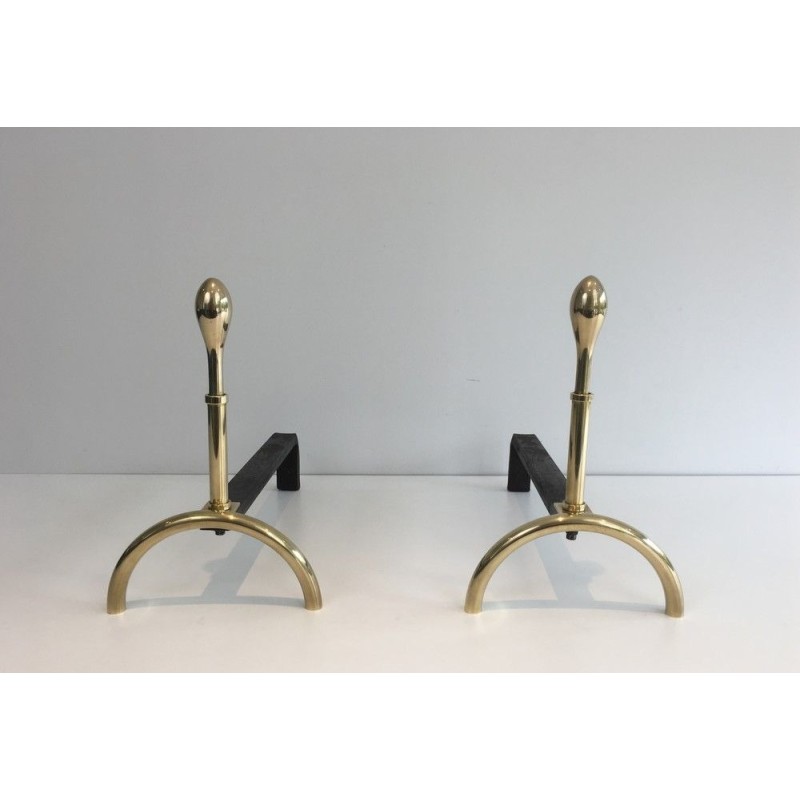 Pair of Neoclassical Brass and Wrought Iron Andirons, French Work, Circa 1970