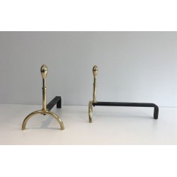 Pair of Neoclassical Brass and Wrought Iron Andirons, French Work, Circa 1970