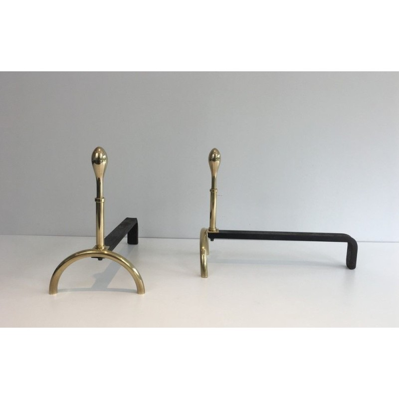 Pair of Neoclassical Brass and Wrought Iron Andirons, French Work, Circa 1970