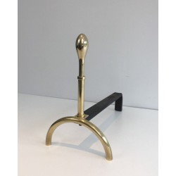 Pair of Neoclassical Brass and Wrought Iron Andirons, French Work, Circa 1970