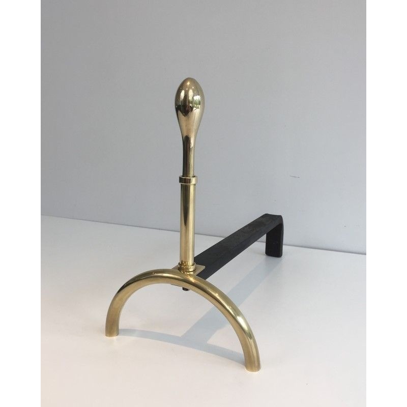 Pair of Neoclassical Brass and Wrought Iron Andirons, French Work, Circa 1970